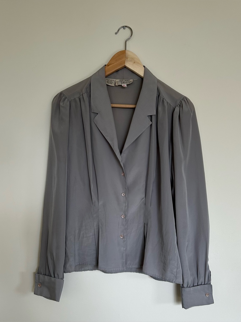 Stuart Lang gray blouse with button cuffs, size 5/6